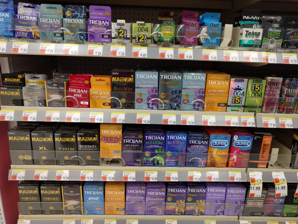 Condoms in stock on drugstore shelves