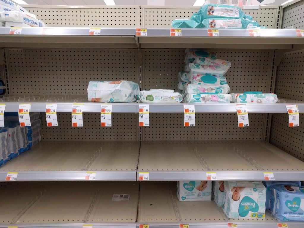Shelves with stockouts of nappies